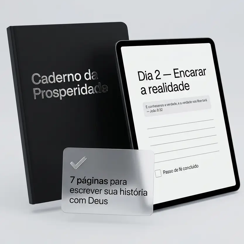 Caderno da Prosperidade e iPad com a página do Dia 2