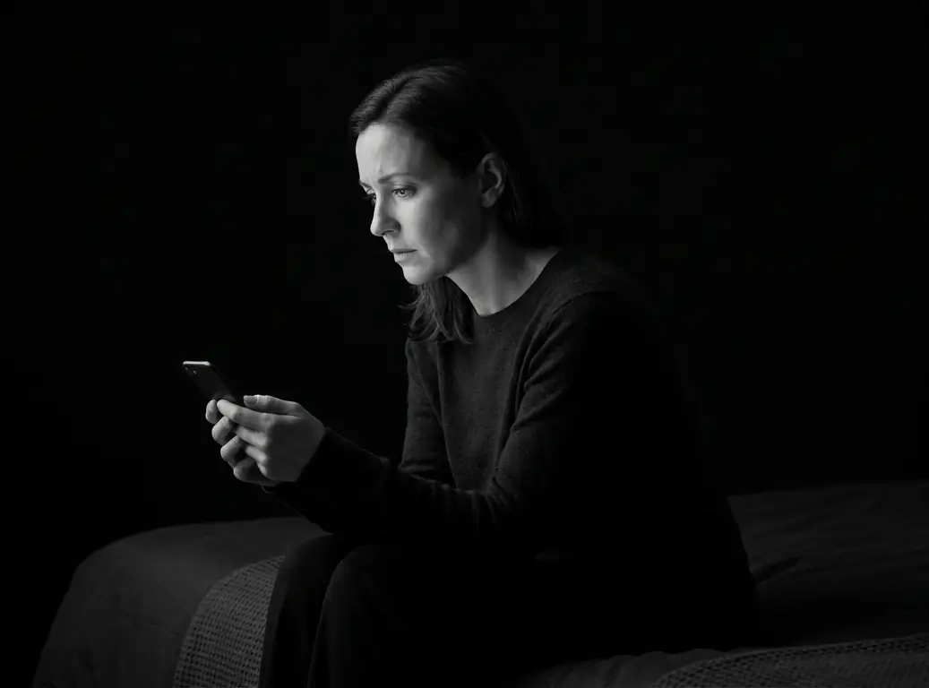 Mulher sentada na cama à noite, olhando preocupada para o celular