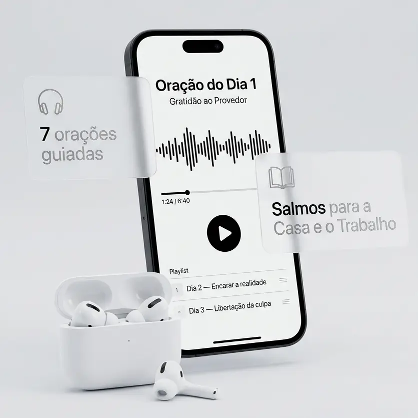 Celular com o player da oração do Dia 1 e fones de ouvido