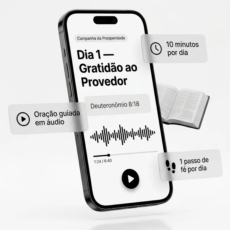 Aplicativo da Campanha da Prosperidade aberto no celular, com a oração guiada do Dia 1